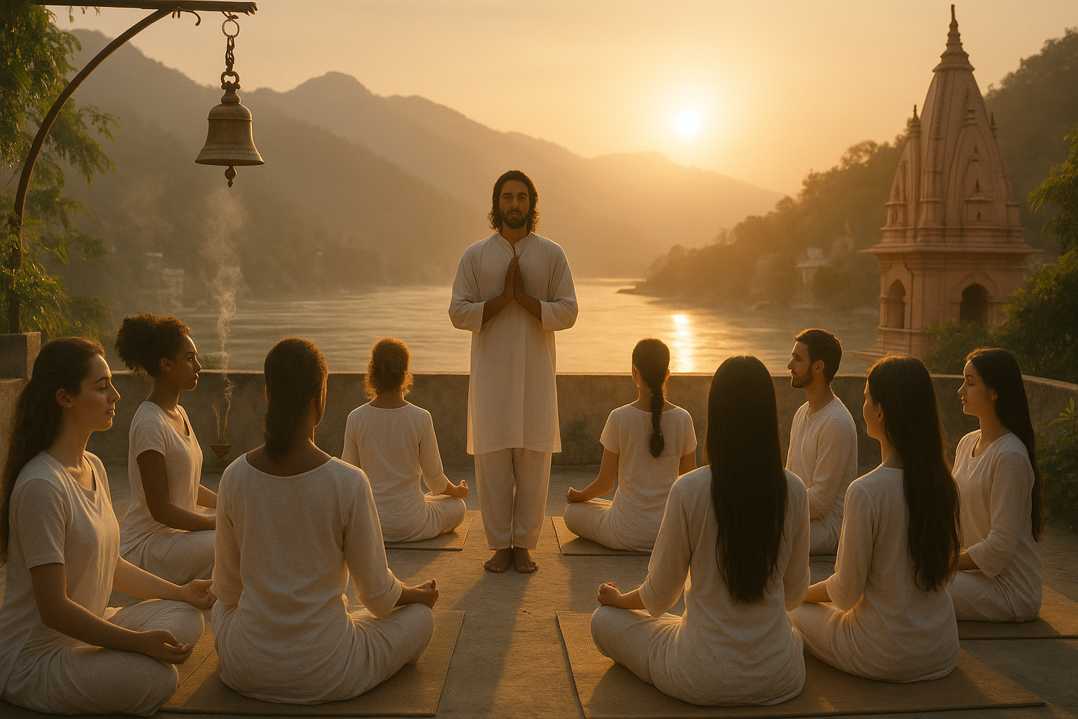 AI Image Generation Prompt (16:9) A serene yoga class on a rooftop in Rishikesh during sunrise. The yoga teacher stands in the center guiding students in seated meditation, facing the Himalayas. Soft golden light spills across the Ganges River below. The group is multicultural, dressed in white, embodying unity and peace. Temple bells, incense smoke, and lush greenery enhance the spiritual atmosphere. Visual style: cinematic, photorealistic, soft lighting, peaceful mood, high detail.